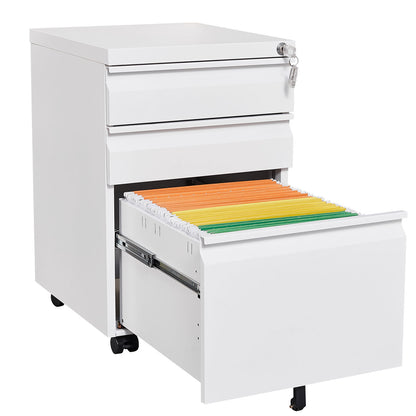 3 Drawer Mobile Locking File Cabinet, Rolling Filing Cabinet for Letter/A4 Size With 5 Wheels,WHITE