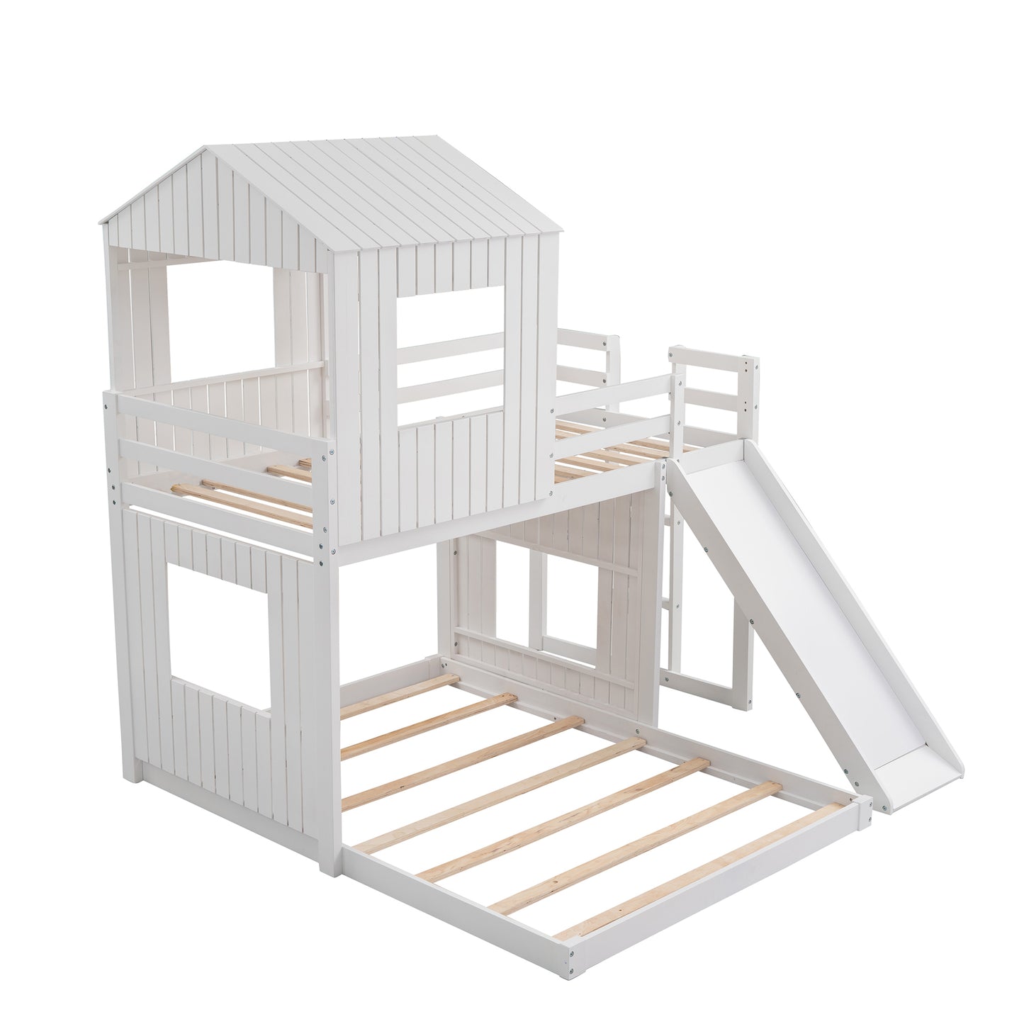 Wooden Twin Over Full Bunk Bed, Loft Bed with Playhouse, Farmhouse, Ladder, Slide and Guardrails, White(OLD SKU :LP000028AAK)