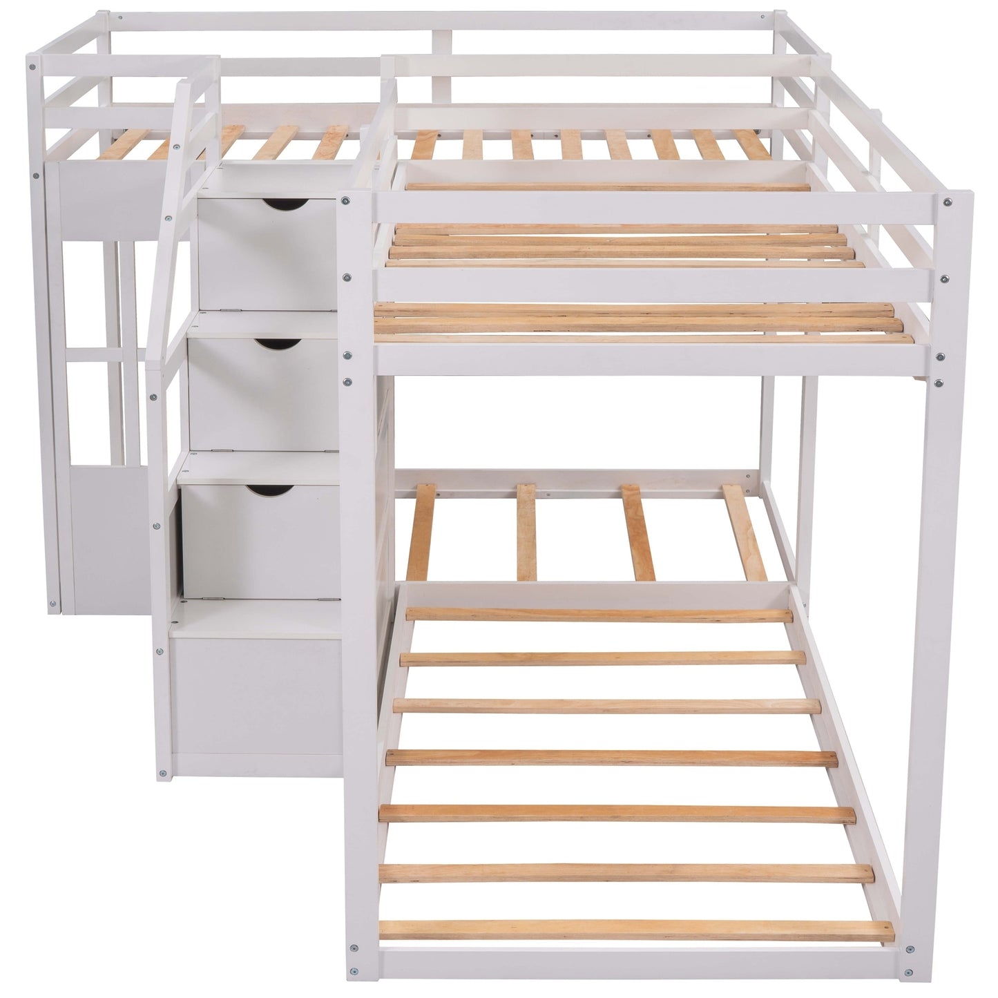 Twin over Twin L-Shaped Bunk Bed with Built-in Middle Staircase,White