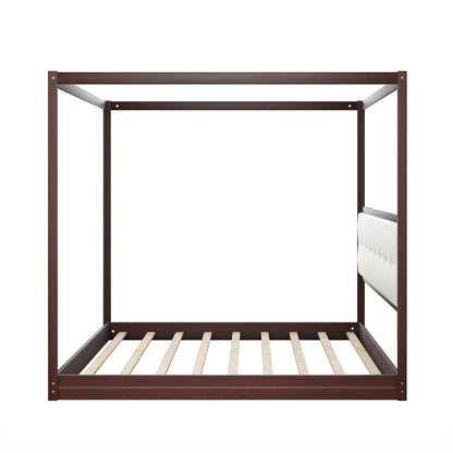 King Size Wooden Canopy Platform Bed with Upholstered Headboard,Espresso