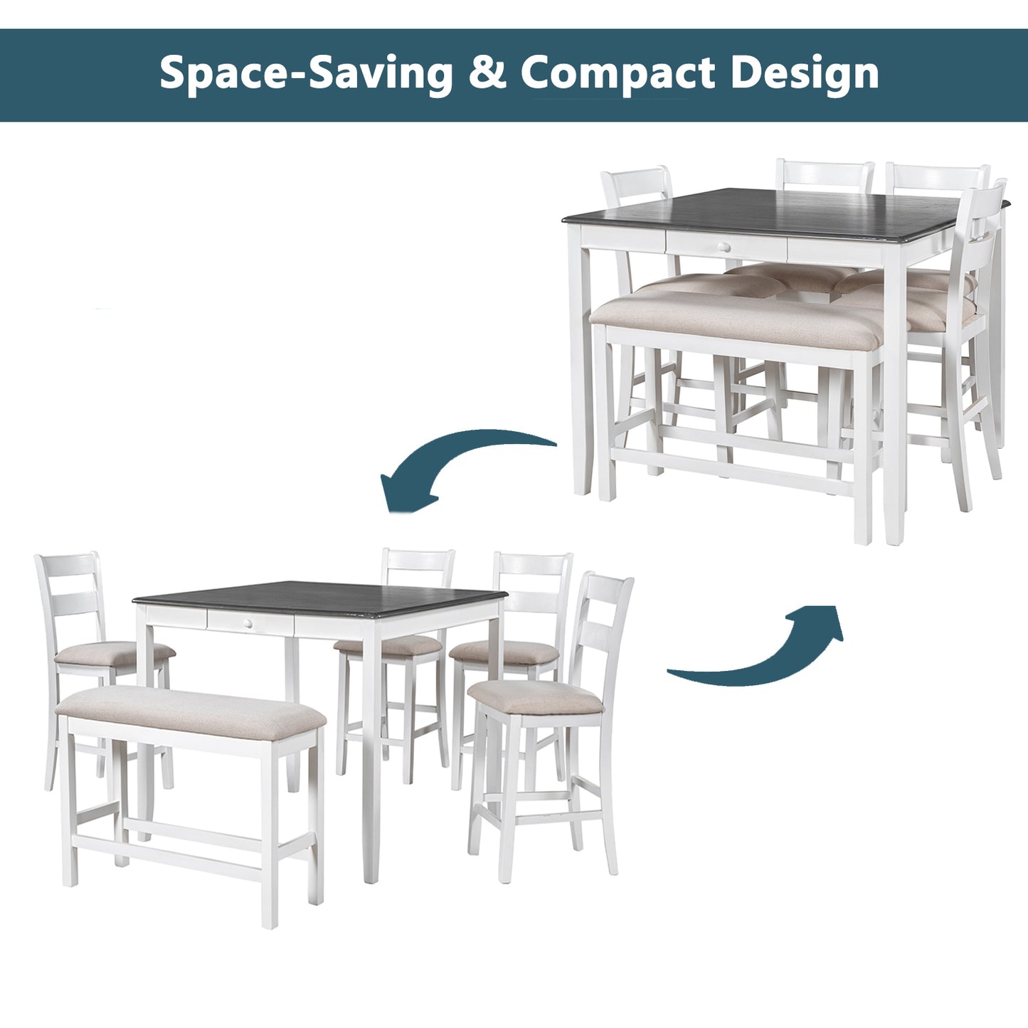 TOPMAX Wood 6-Piece Dining Table Set with Storage Drawer, Counter Height Square Kitchen Set with Upholstered Chair and Bench, White