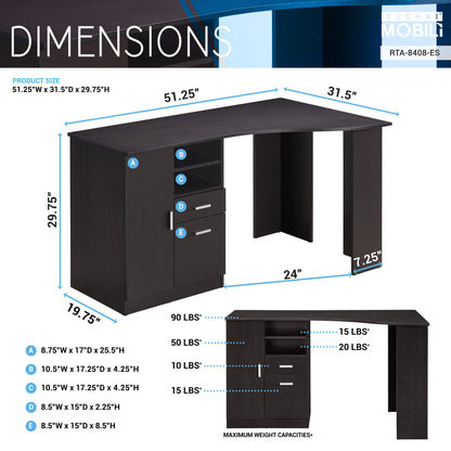 Techni Mobili Classic Office Desk with Storage, Espresso