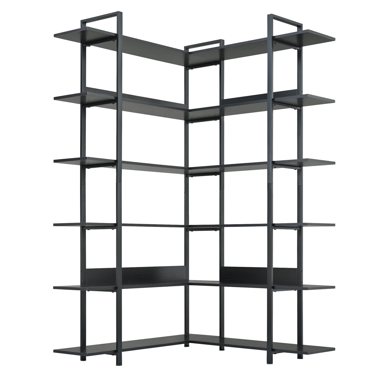 74.8 Inch Bookshelf L-shape MDF Boards Stainless Steel Frame Corner 6-tier Shelves Adjustable Foot Pads, Black