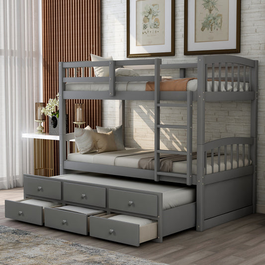 Twin Bunk Bed with Ladder, Safety Rail, Twin Trundle Bed with 3 Drawers for Bedroom, Guest Room Furniture(Gray)(OLD SKU :LP000071AAE)