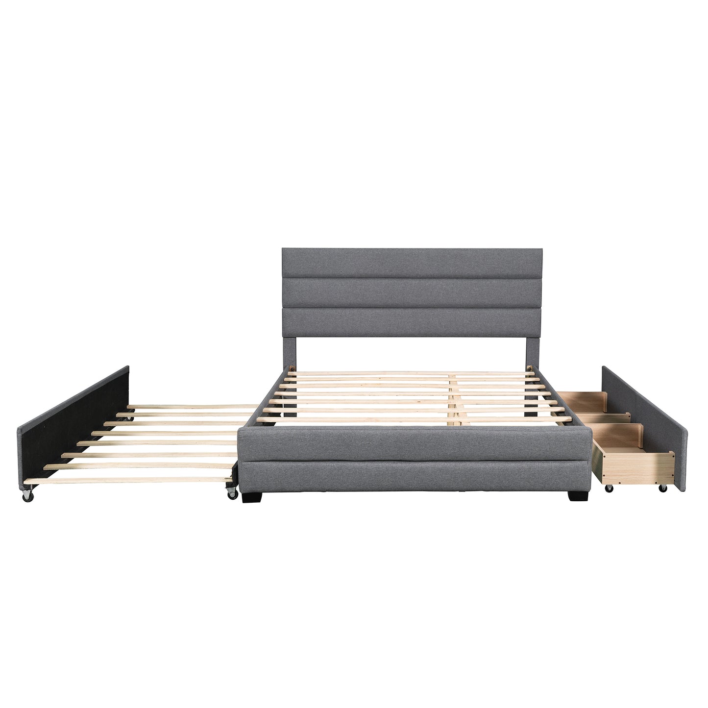 Queen Upholstered Platform Bed with Trundle and Two Drawers,Grey