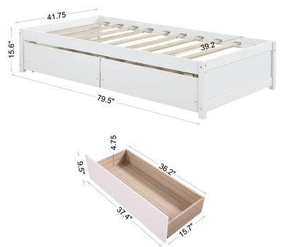 Twin Bed with 2 Drawers, Solid Wood, No Box Spring Needed ，White