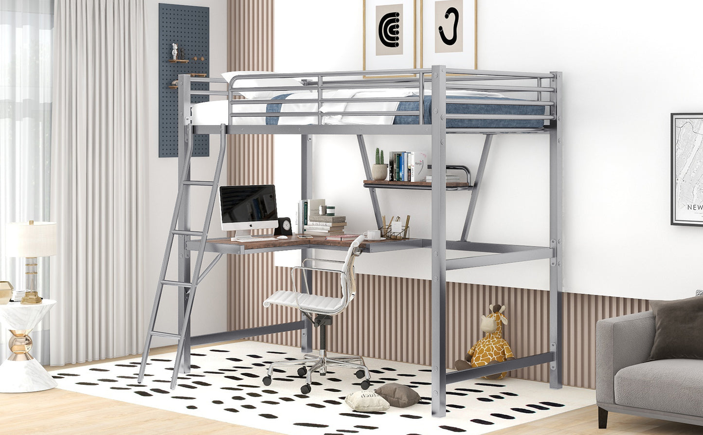 Twin Size Loft Metal&MDF Bed with Desk and Shelf, Silver (Old SKU:SM001105AAN-1)