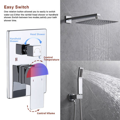 （原L-8002S）Shower System Shower Faucet Combo Set Wall Mounted with 10" Rainfall Shower Head and handheld shower faucet, Chrome Finish with Brass Valve Rough-In