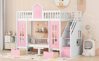 Twin-Over-Twin Bunk Bed with Changeable Table , Bunk Bed  Turn into Upper Bed and Down Desk with 2 Drawers - Pink