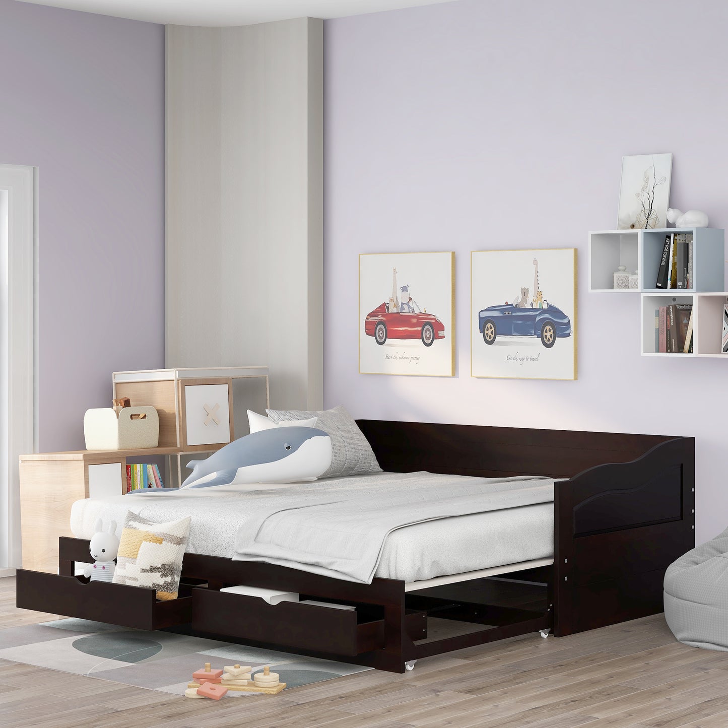 Wooden Daybed with Trundle Bed and Two Storage Drawers , Extendable Bed Daybed,Sofa Bed with Two Drawers, Espresso