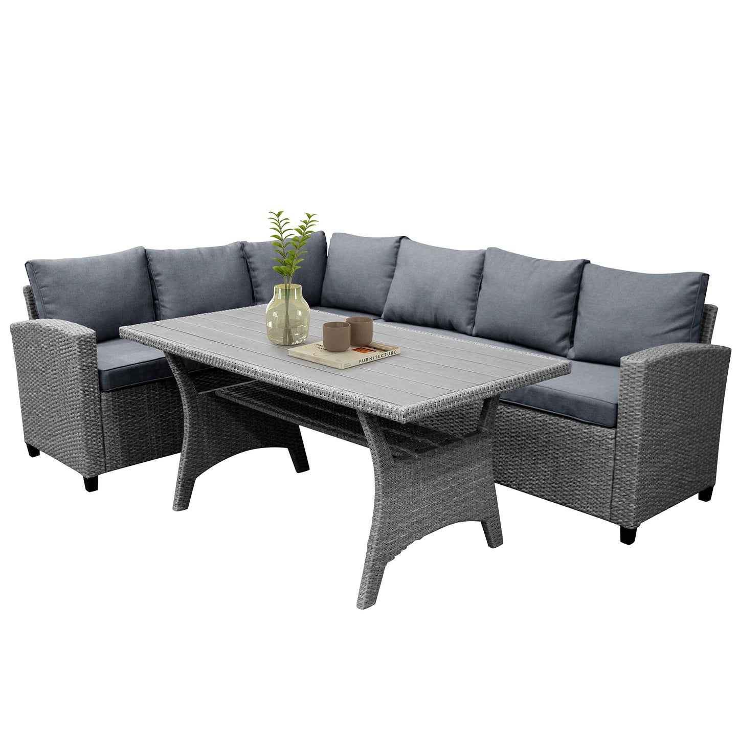 TOPMAX Patio Outdoor Furniture PE Rattan Wicker Conversation Set All-Weather Sectional Sofa Set with Table & Soft Cushions (Grey)