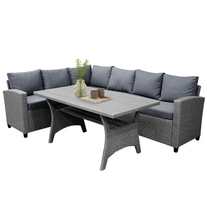 TOPMAX Patio Outdoor Furniture PE Rattan Wicker Conversation Set All-Weather Sectional Sofa Set with Table & Soft Cushions (Grey)