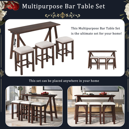 TREXM Multipurpose Home Kitchen Dining Bar Table Set with 3 Upholstered Stools(Dark Walnut)