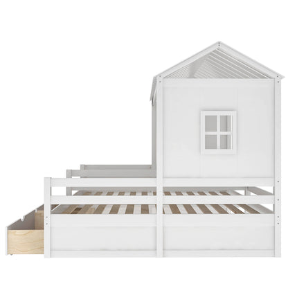 Twin Size House Platform Beds with Two Drawers for Boy and Girl Shared Beds, Combination of 2 Side by Side Twin Size Beds, White