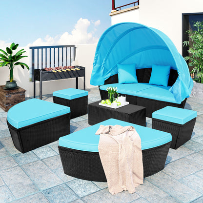 Outdoor rattan daybed sunbed with Retractable Canopy Wicker Furniture, Round Outdoor Sectional Sofa Set, black Wicker Furniture Clamshell  Seating with Washable Cushions, Backyard, Porch, Blue.