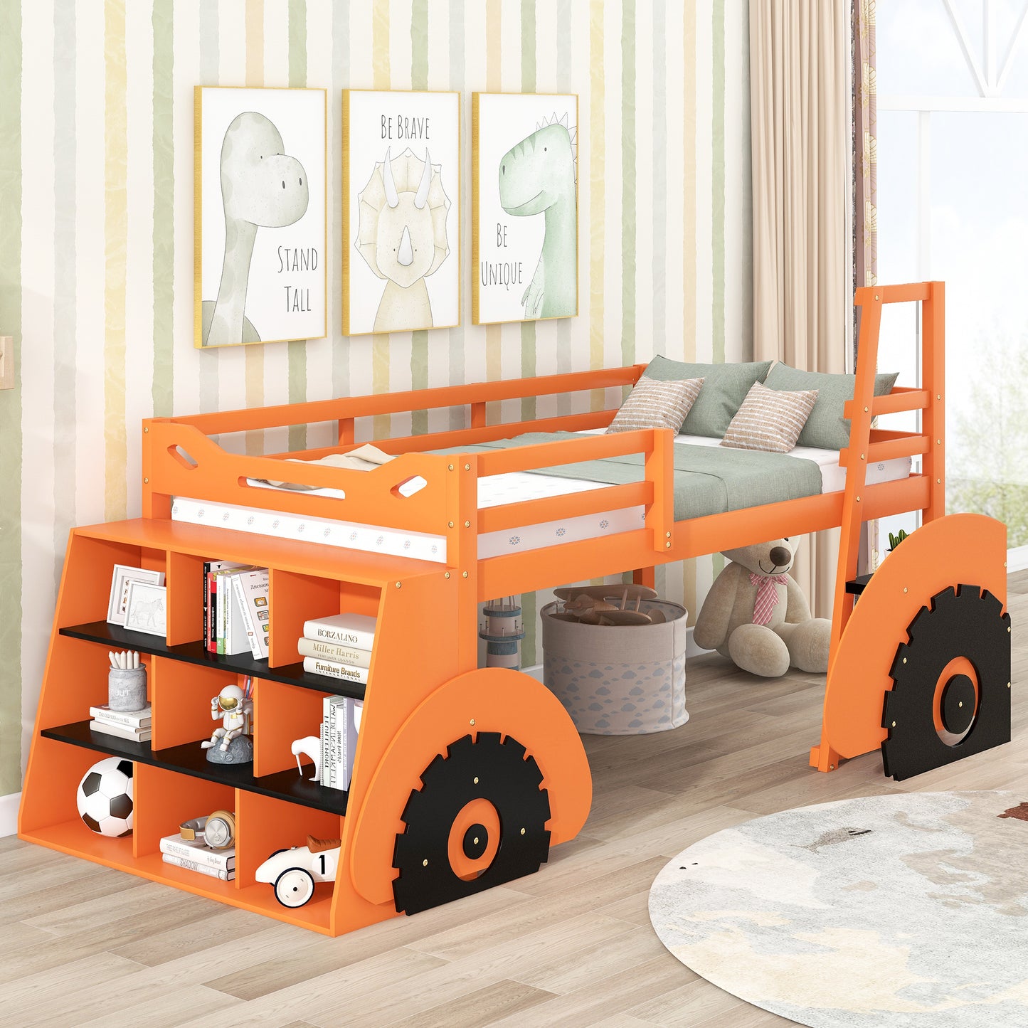 Twin Size Forklift Car-Shaped Loft Bed with Storage Shelves,Orange