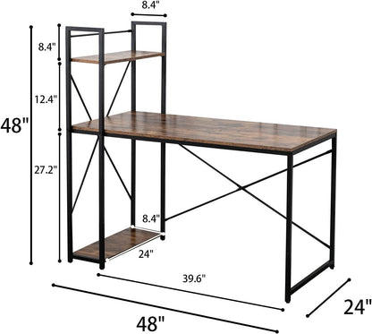 Computer Desk 48" with Storage Shelves Student Study Writing Table for Home Office Modern Simple Style PC Laptop Table Rustic Black Metal Frame Brown