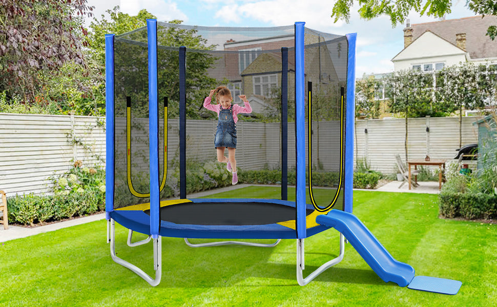 7FT Trampoline for Kids with Safety Enclosure Net, Slide and Ladder, Easy Assembly Round Outdoor Recreational Trampoline