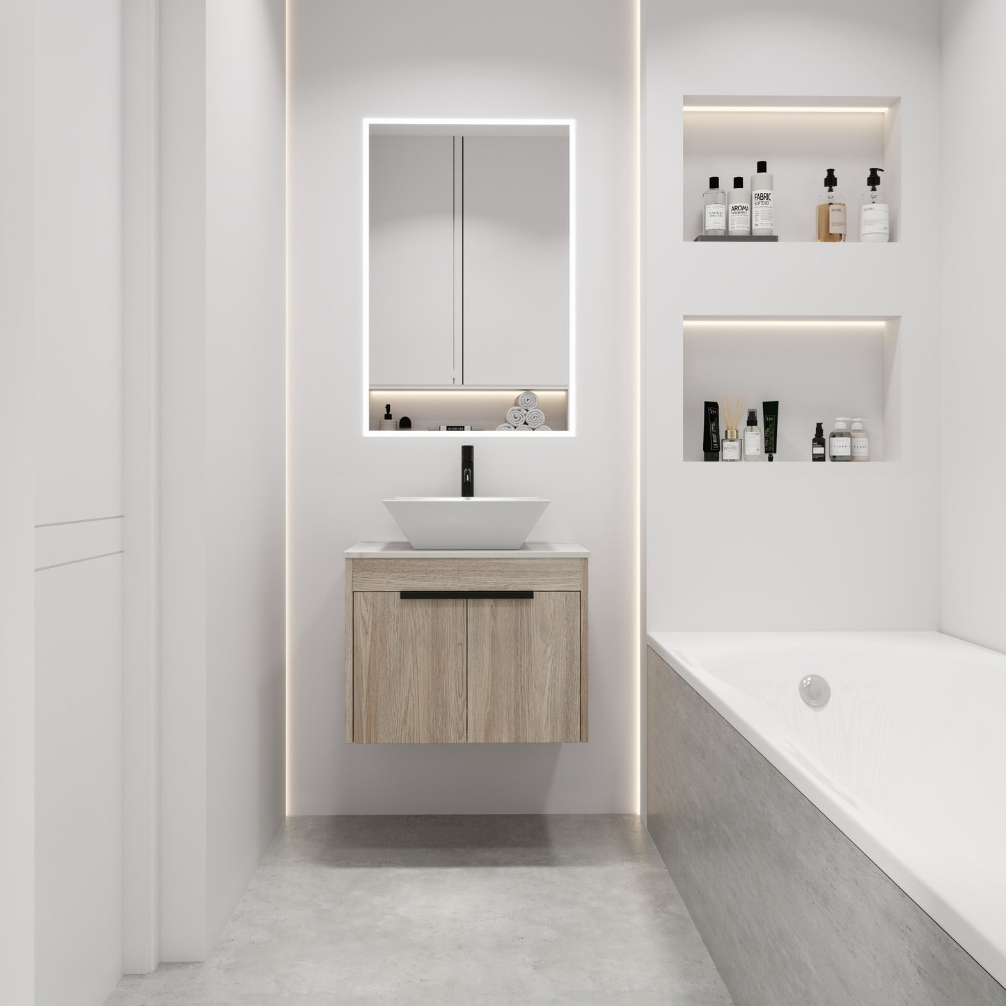 24 " Modern Design Float Bathroom Vanity With Ceramic Basin Set,  Wall Mounted White Oak Vanity  With Soft Close Door,KD-Packing，KD-Packing，2 Pieces Parcel（TOP-BAB101MOWH）