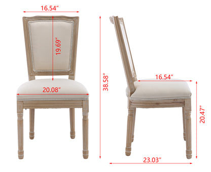 French Style Solid Wood Frame Antique Painting Linen Fabric Square Rattan Back Dining Chair,Set of 2,Cream