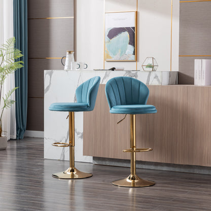 Set of 2  Bar Stools,with Chrome Footrest and Base Swivel Height Adjustable Mechanical Lifting Velvet + Golden Leg Simple Bar Stool-Baby Blue