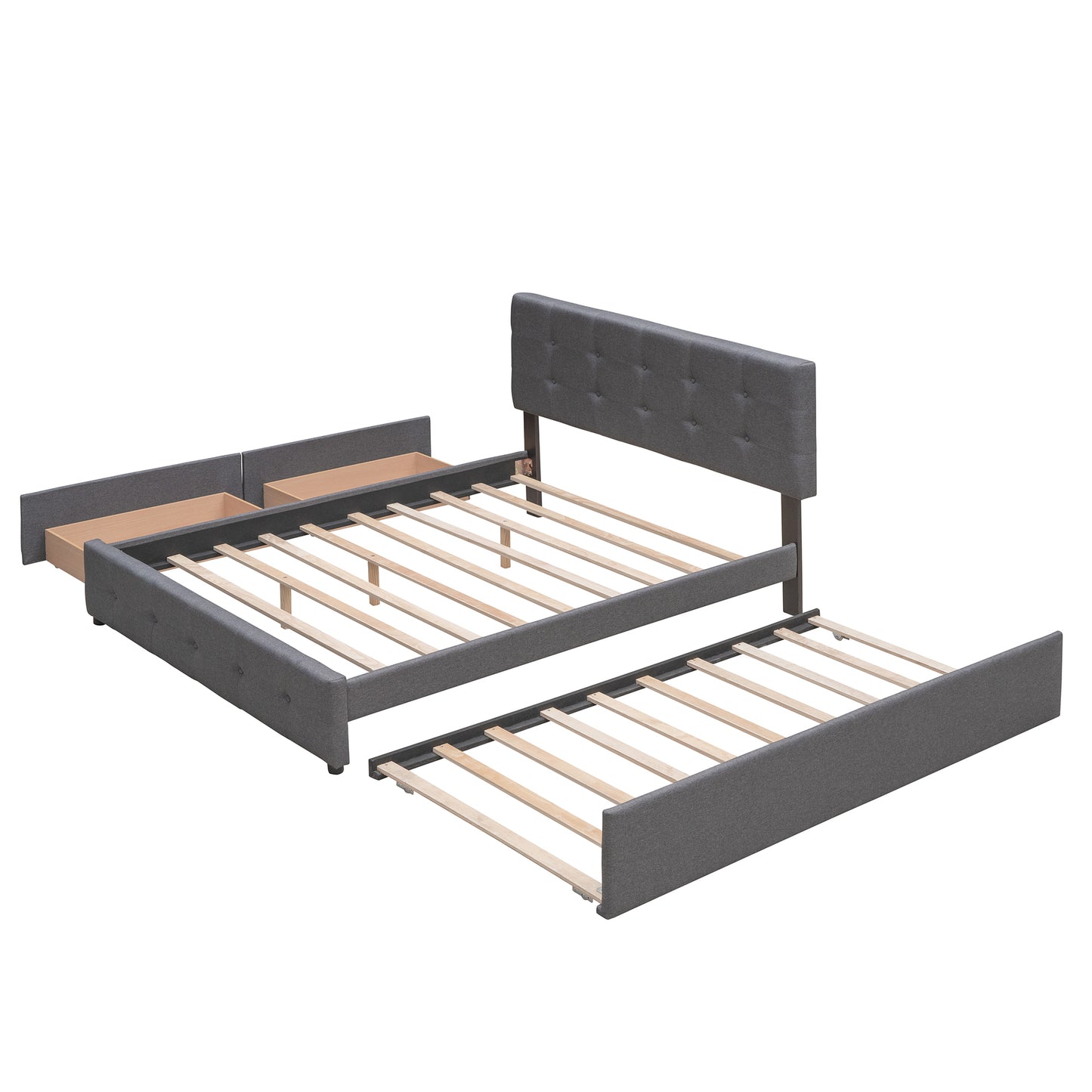 Upholstered Platform Bed with 2 Drawers and 1 Twin XL Trundle,  Linen Fabric, Queen Size - Dark Gray(OLD SKU :LP000314AAE)