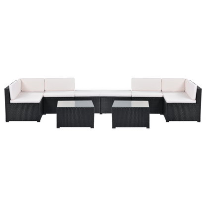GO 10-Piece Patio Rattan PE Wicker Furniture Corner Sofa Set, with 4 Sofa chairs, 2 Corner chair, 2 ottoman and 2 glass coffee table, Sectional Sofa Chair, Seating, Lying(Black Wicker, Beige Cushion)