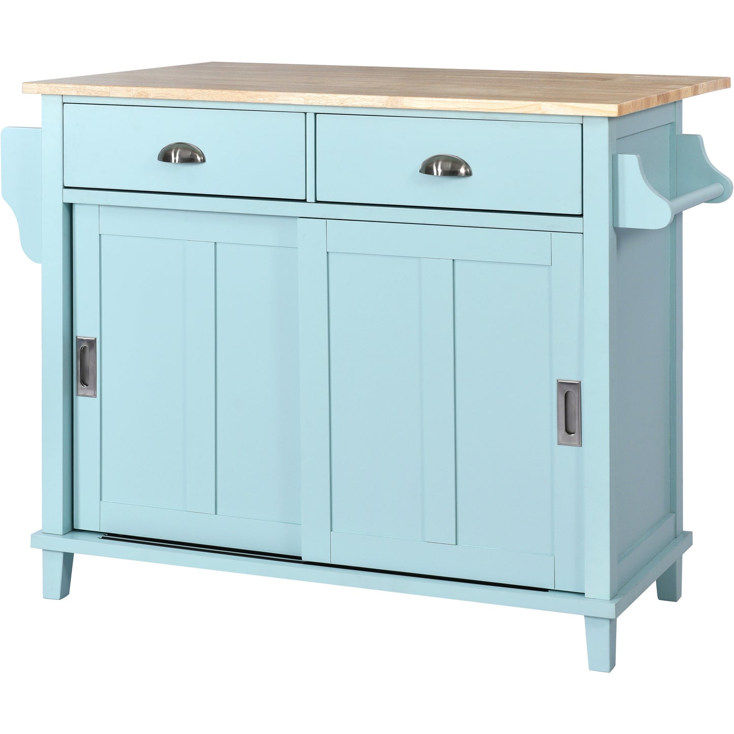 K&K Kitchen Cart with Rubber wood Drop-Leaf Countertop, Concealed sliding barn door adjustable height,Kitchen Island on 4 Wheels with Storage Cabinet and 2 Drawers,L52.2xW30.5xH36.6 inch, Mint Green