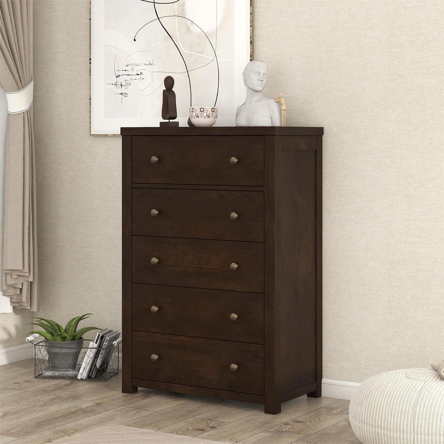 Vintage Aesthetic 5 Drawers Solid Wood Chest in Rich Brown (Chest of Freely Configurable Bedroom Sets)