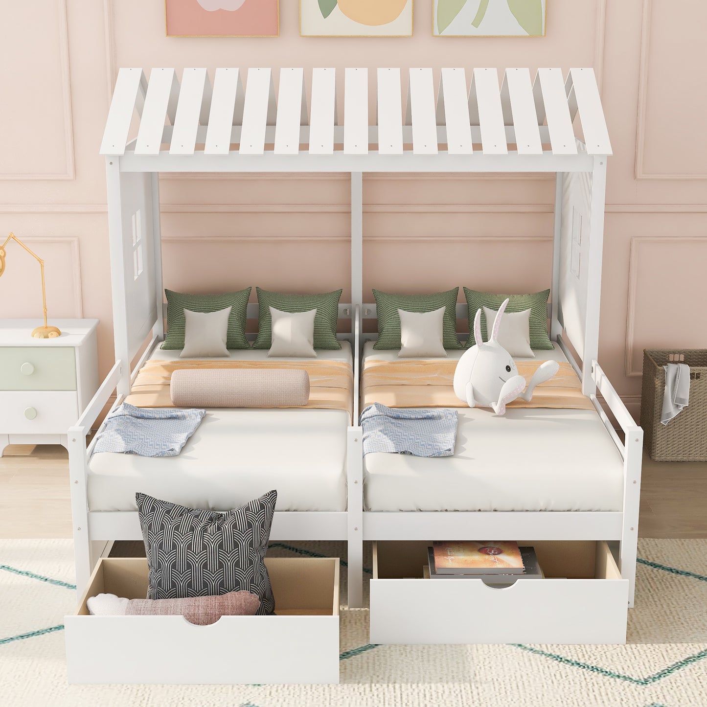 Twin Size House Platform Beds with Two Drawers for Boy and Girl Shared Beds, Combination of 2 Side by Side Twin Size Beds, White