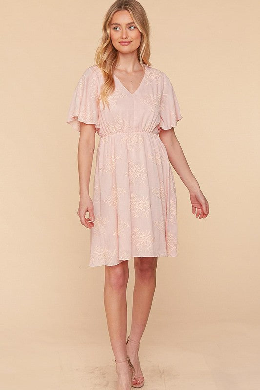 CRINKLE EMBROIDERED FLARE WOVEN DRESS