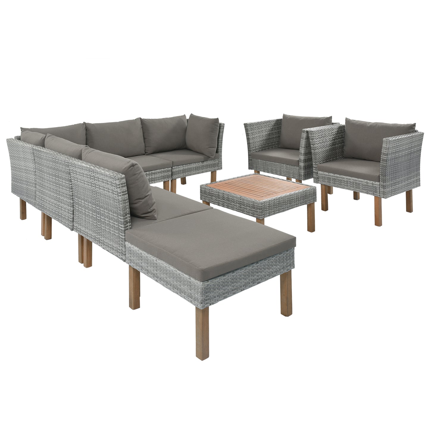 GO 9-Piece Outdoor Patio Garden Wicker Sofa Set, Gray PE Rattan Sofa Set, with Wood Legs, Acacia Wood Tabletop, Armrest Chairs with Gray Cushions