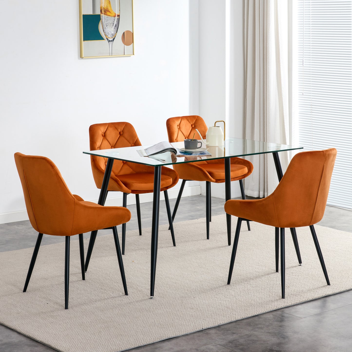 Kitchen Dining Room Metal legs Glass Table Set with 4 pcs orange velvet fabric dining chairs