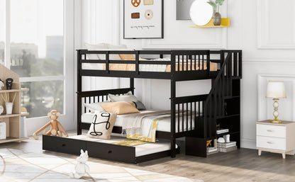 Stairway Full-Over-Full Bunk Bed with Twin size Trundle, Storage and Guard Rail for Bedroom, Dorm - Espresso(OLD SKU :LP001210AAP)