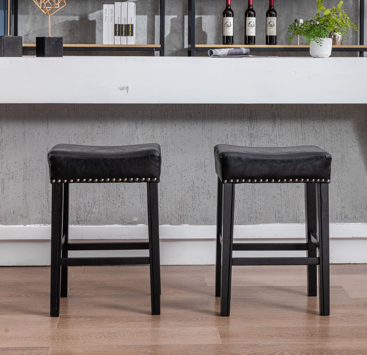 A&A Furniture,Counter Height 26" Bar Stools for Kitchen Counter Backless  Faux Leather Stools Farmhouse Island Chairs (26 Inch, Black, Set of 2)