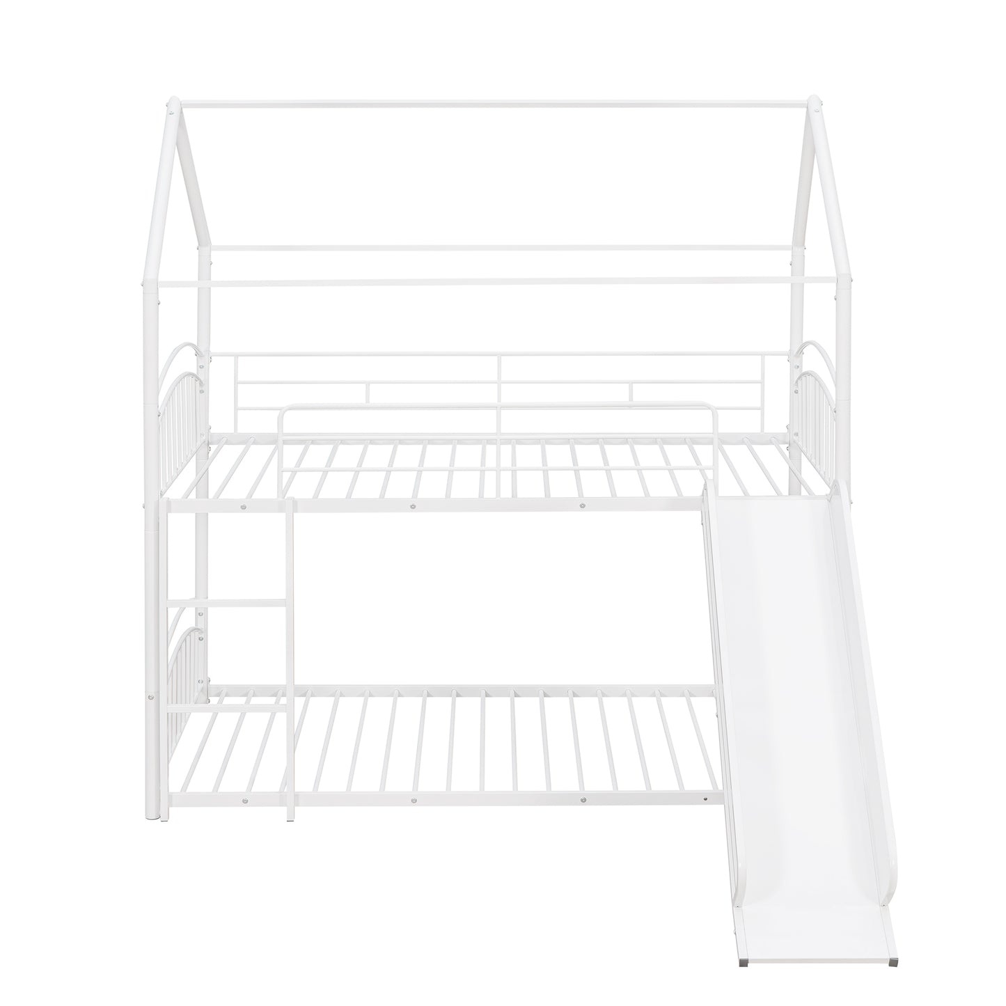 Twin Over Twin Metal Bunk Bed With Slide,Kids House Bed White