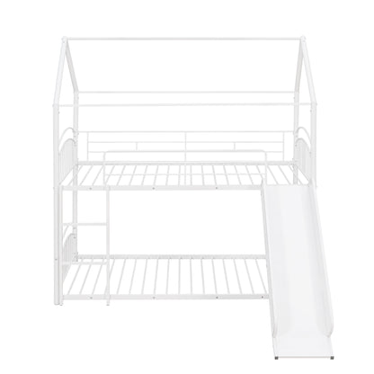 Twin Over Twin Metal Bunk Bed With Slide,Kids House Bed White