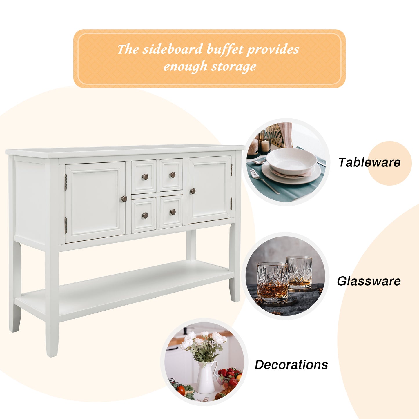 TREXM  Cambridge Series Buffet Sideboard Console Table with Bottom Shelf (White)