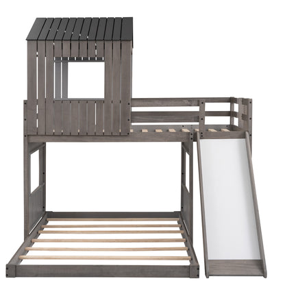 Wooden Twin Over Full Bunk Bed, Loft Bed with Playhouse, Farmhouse, Ladder, Slide and Guardrails, White(OLD SKU :LT000028AAE)