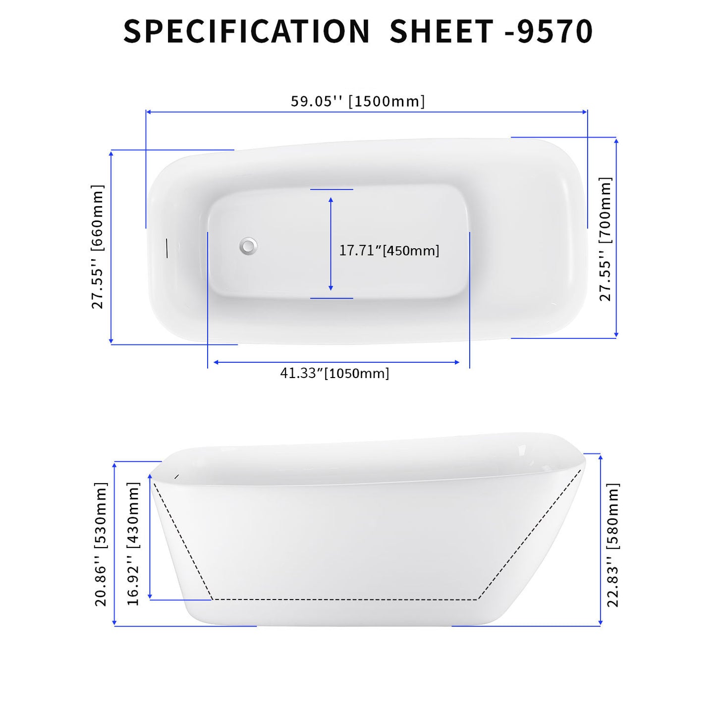 59" 100% Acrylic Freestanding Bathtub，Contemporary Soaking Tub，white Bathtub