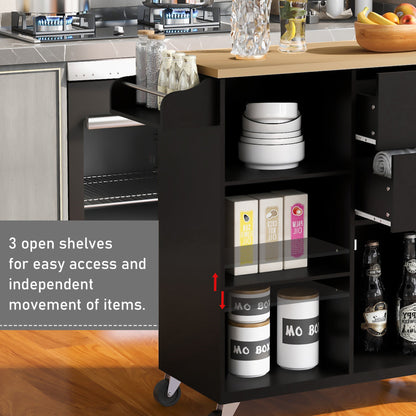 K&K Store Kitchen Cart on 4 Wheels with 2 Drawers and 3 Open Shelves, Kitchen Island with Rubber Wood top for Dinning Room, Black