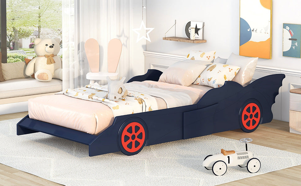 Twin Size Race Car-Shaped Platform Bed with Wheels,Blue+Red