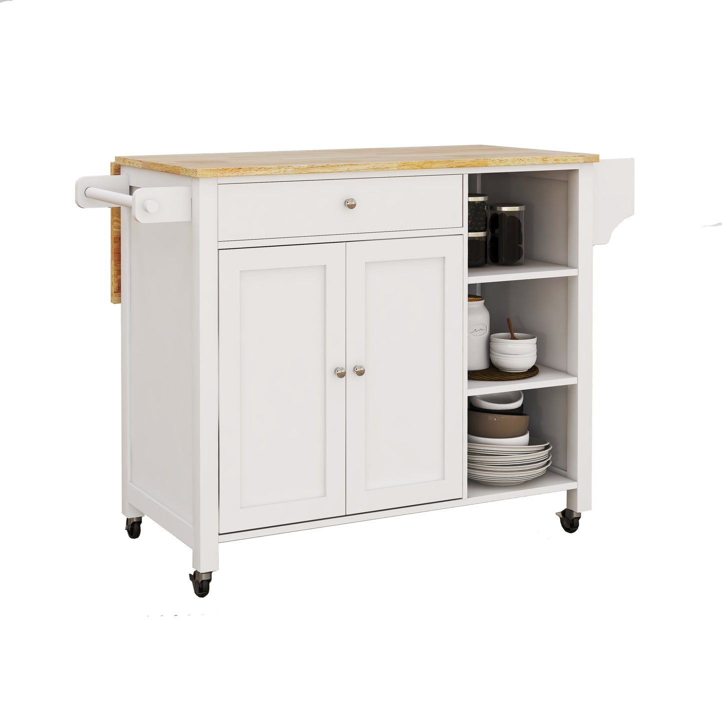 Double Door Kitchen Island with Lockable Wheels, Towel Rack, Storage Drawer and Three Open Shelves-White