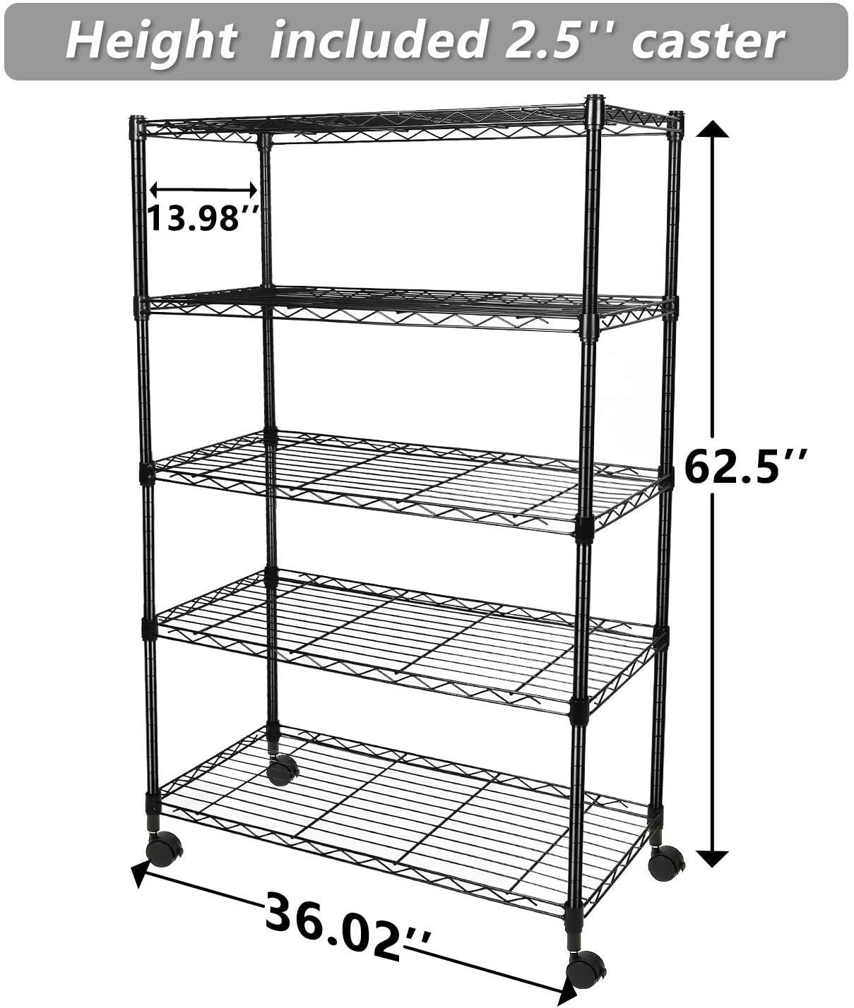 Simple Deluxe Heavy Duty 5-Shelf Shelving Unit with Wheel and Adjustable Feet, 36\'\' X 14\'\' X 60\'\', 5 Tier