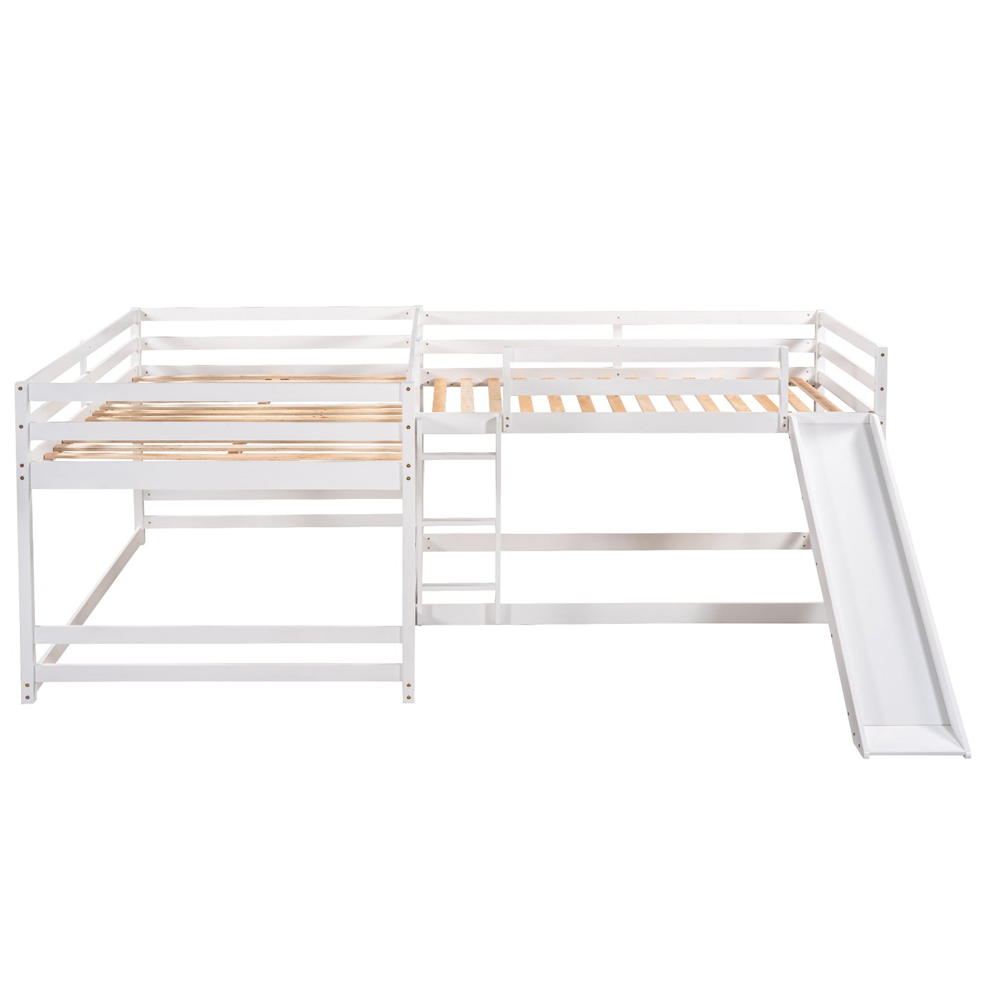 Full and Twin Size L-Shaped Bunk Bed with Slide and Short Ladder,White