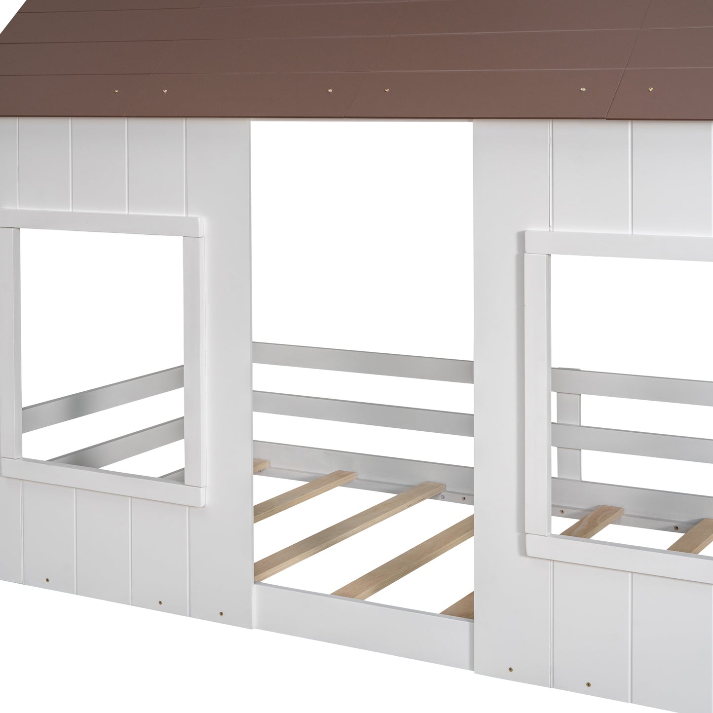 Twin Size Low Loft Wood House Bed with Two Front Windows, (White+Brown Roof)(OLD SKU:LP000039AAH)