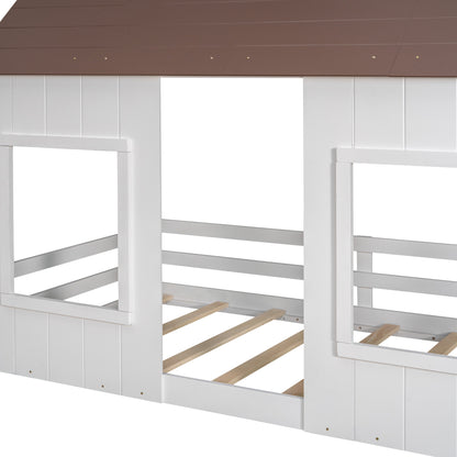 Twin Size Low Loft Wood House Bed with Two Front Windows, (White+Brown Roof)(OLD SKU:LP000039AAH)