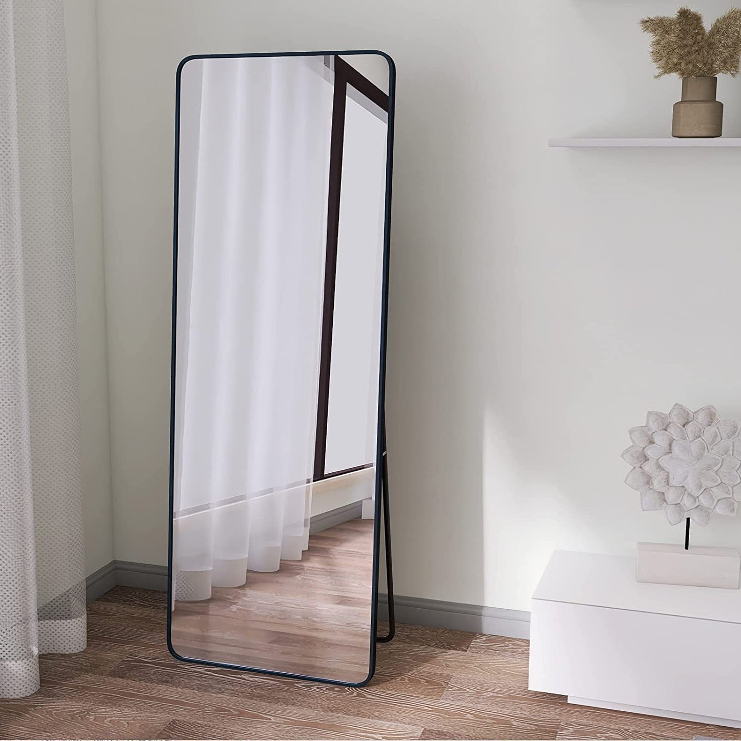 Full-Length Mirror 63"x20", Round Corner Aluminum Alloy Frame Floor Full Body Large Mirror, Stand or Leaning Against Wall for Living Room or Bedroom, Black