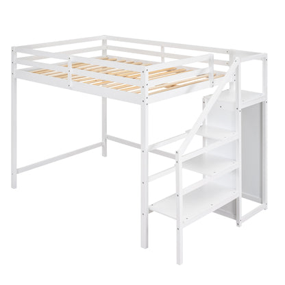 Full Size Loft Bed with Built-in Storage Wardrobe and Staircase,White