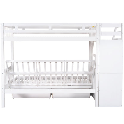 Twin over Full Bunk Bed with Two Drawers and Staircase, Down Bed can be Converted into Daybed,White